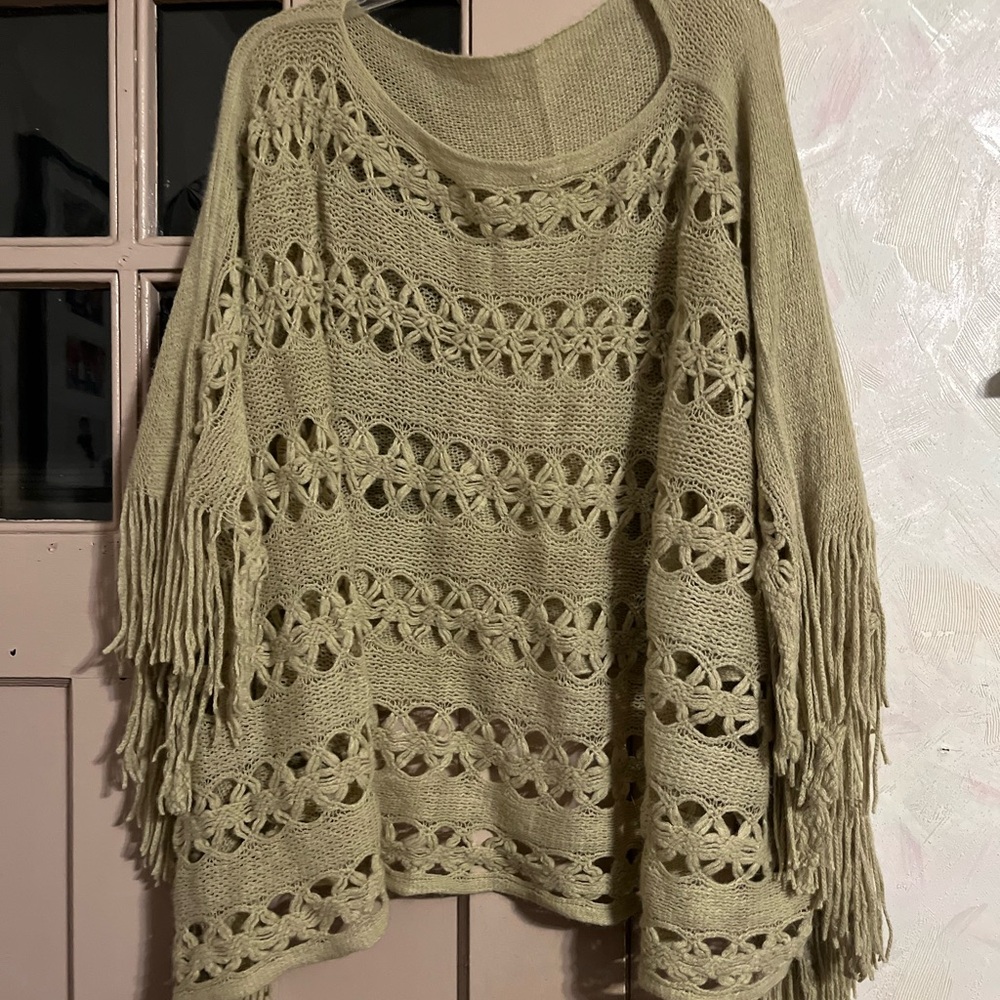Cream Crochet Openwork Knit Crewneck poncho